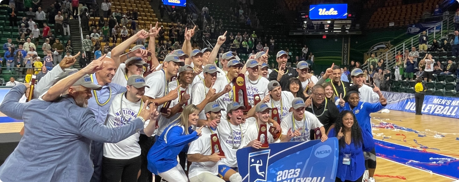 The UCLA Bruins celebrating after winning the 2023 NCAA Men's National Collegiate Volleyball Championship.