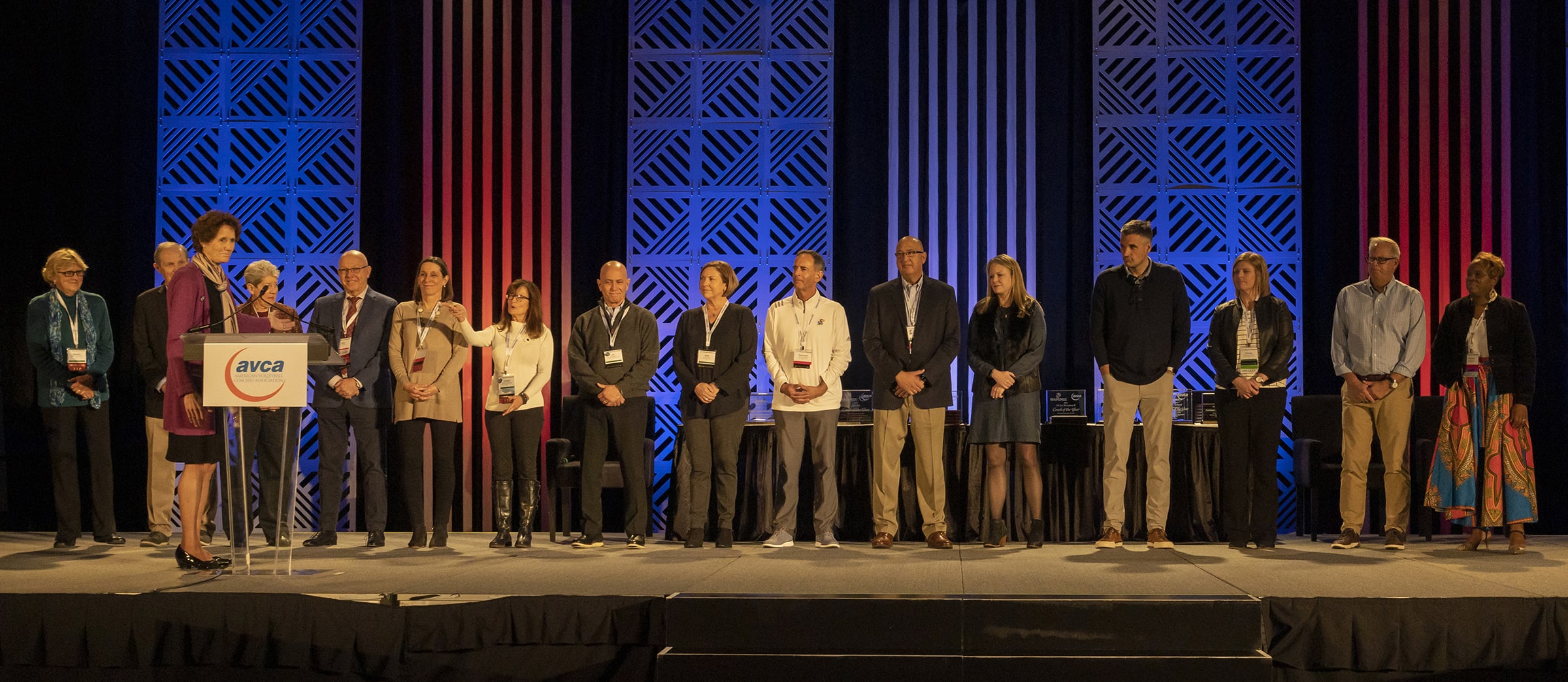 Past AVCA leaders on stage at the association's 40th anniversary celebration during the 2021 AVCA Convention.
