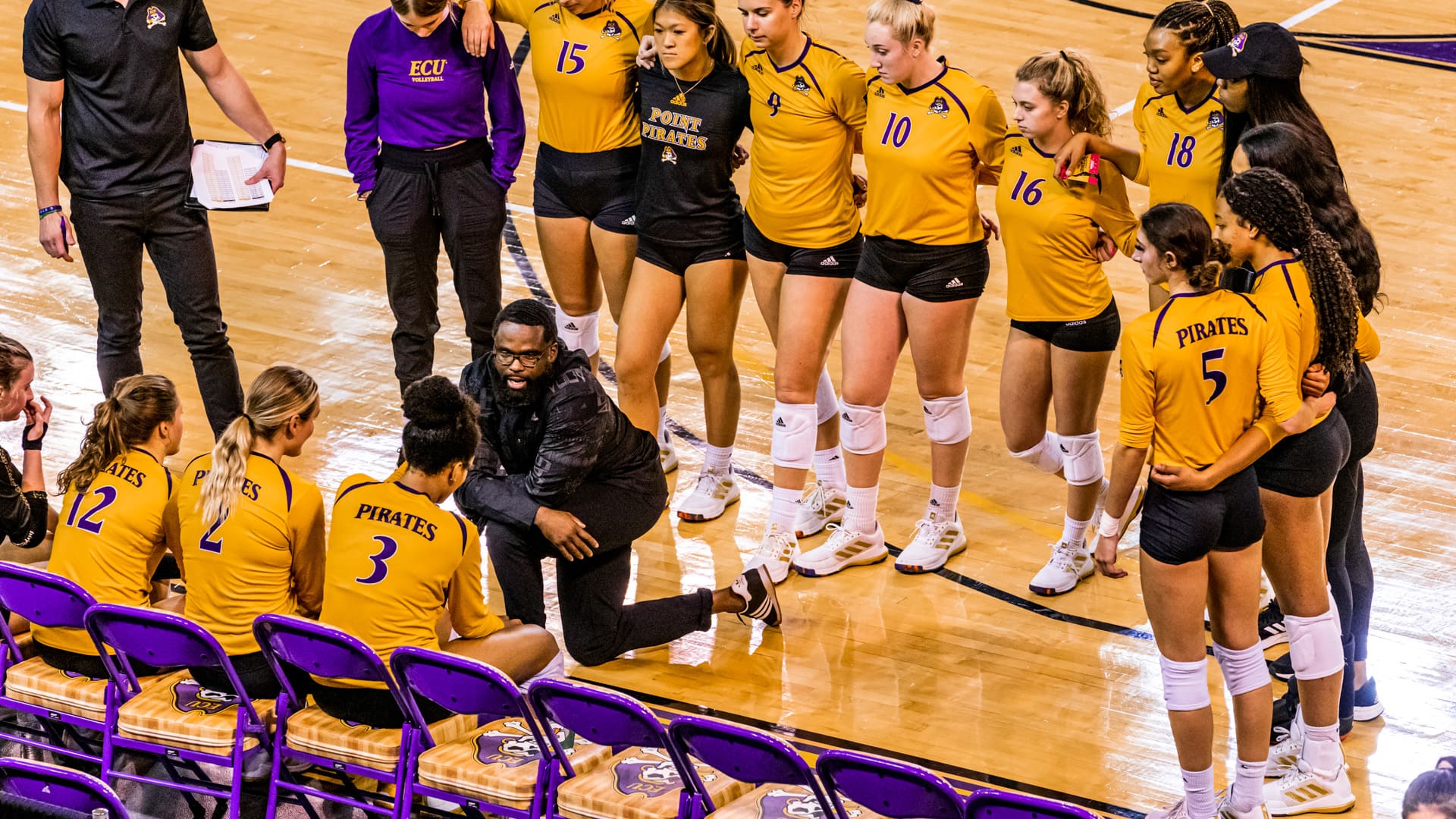 Eastern Carolina volleyball team during a timeout