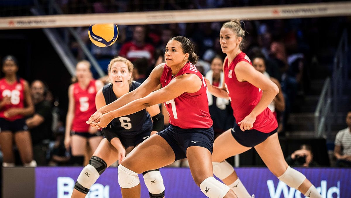 Avery Skinner passing for the USAV Women's National Team at VNL finals