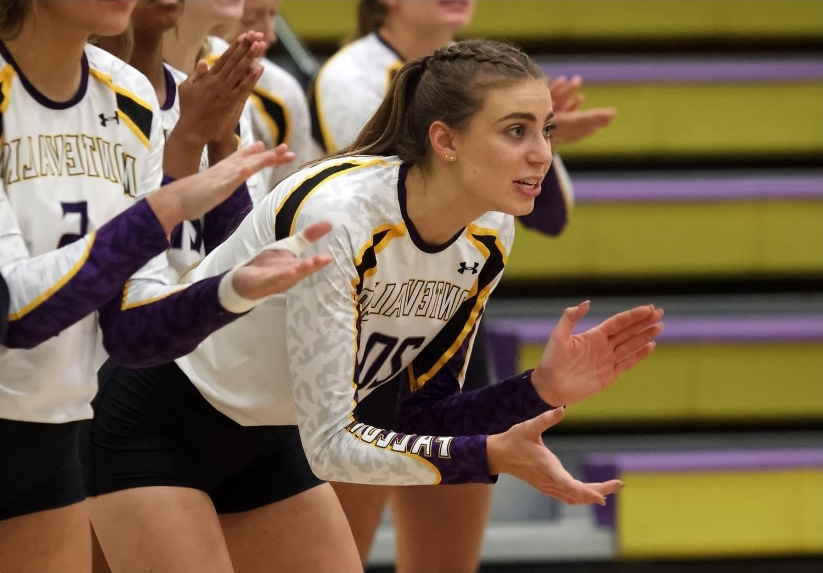 Volleyball athlete clapping for teammates from the bench