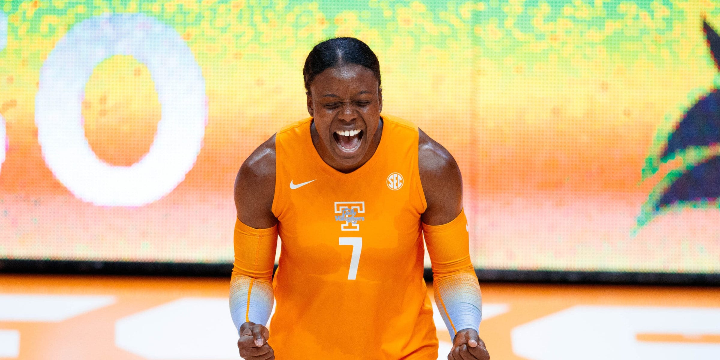 Outside hitter Morgahn Fingall #7 of the Tennessee Lady Volunteers during the game between the Texas State Bobcats and the Tennessee Lady Volunteers at Thompson-Boling Arena at Food City Center in Knoxville.