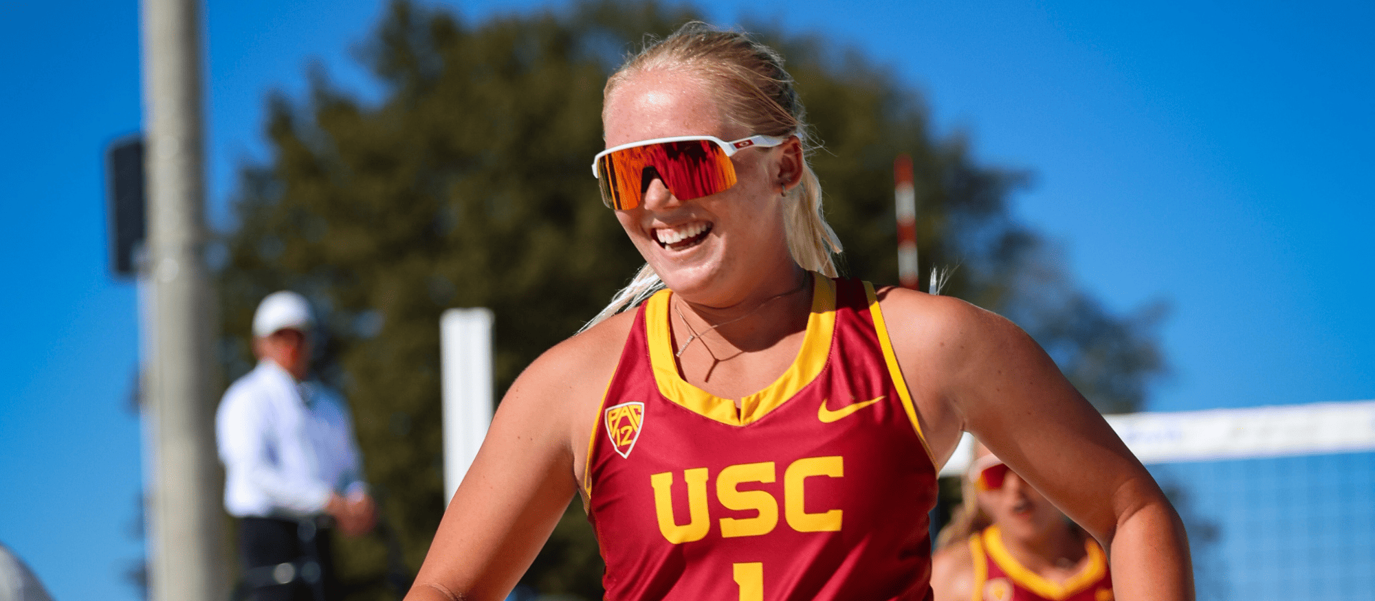 USC beach volleyball player smiling