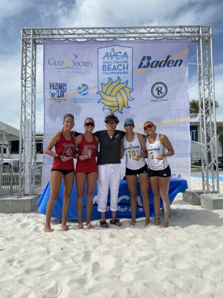 Four of the eight AVCA Division II Beach Volleyball All-Americans received their awards at the 2025 AVCA Small College Beach National Championships. From left: All-Americans Hailey Wolf of Tampa, Nevaeh Wolf of Tampa, Sarah Ostojic of Concordia University Irvine, and Kelissa Lamoine of Concordia University Irvine are pictured with former AVCA Executive Director Kathy DeBoer (center). Not pictured: Camdyn Albrecht of Palm Beach Atlantic, Katelyn Nadeau of Palm Beach Atlantic, Liana Huesca of Texas A&M-Kingsville, and Rylan Pollard of Texas A&M-Kingsville.