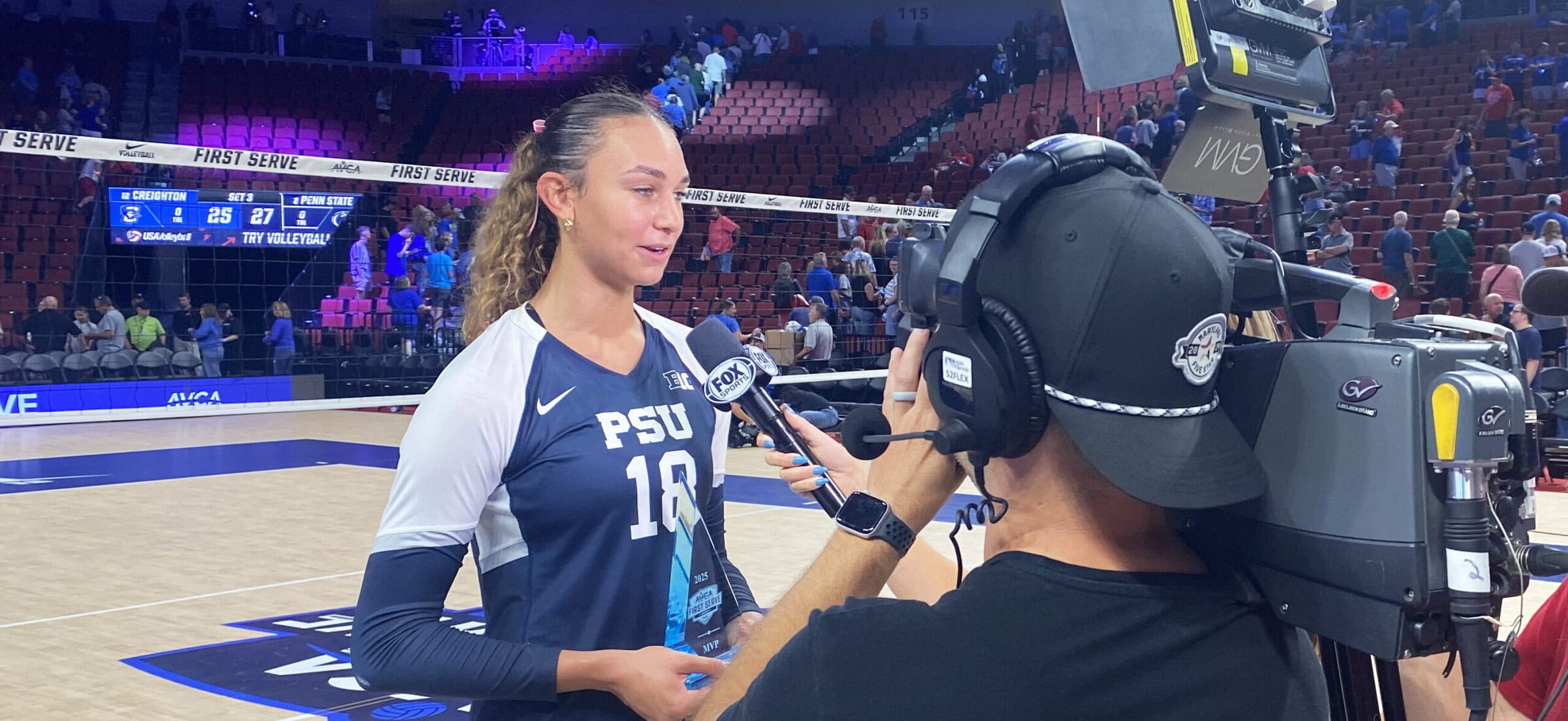 Penn State's Kennedy Martin being interviewed at 2025 AVCA First Serve in Pinnacle Bank Arena.