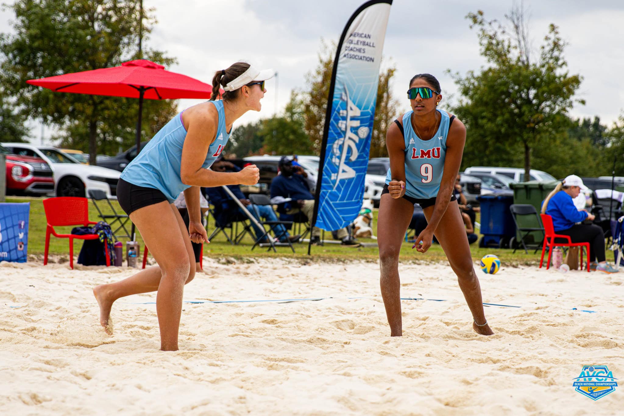 Loyola Marymount pair at the 2025 AVCA Collegiate Beach National Championships.