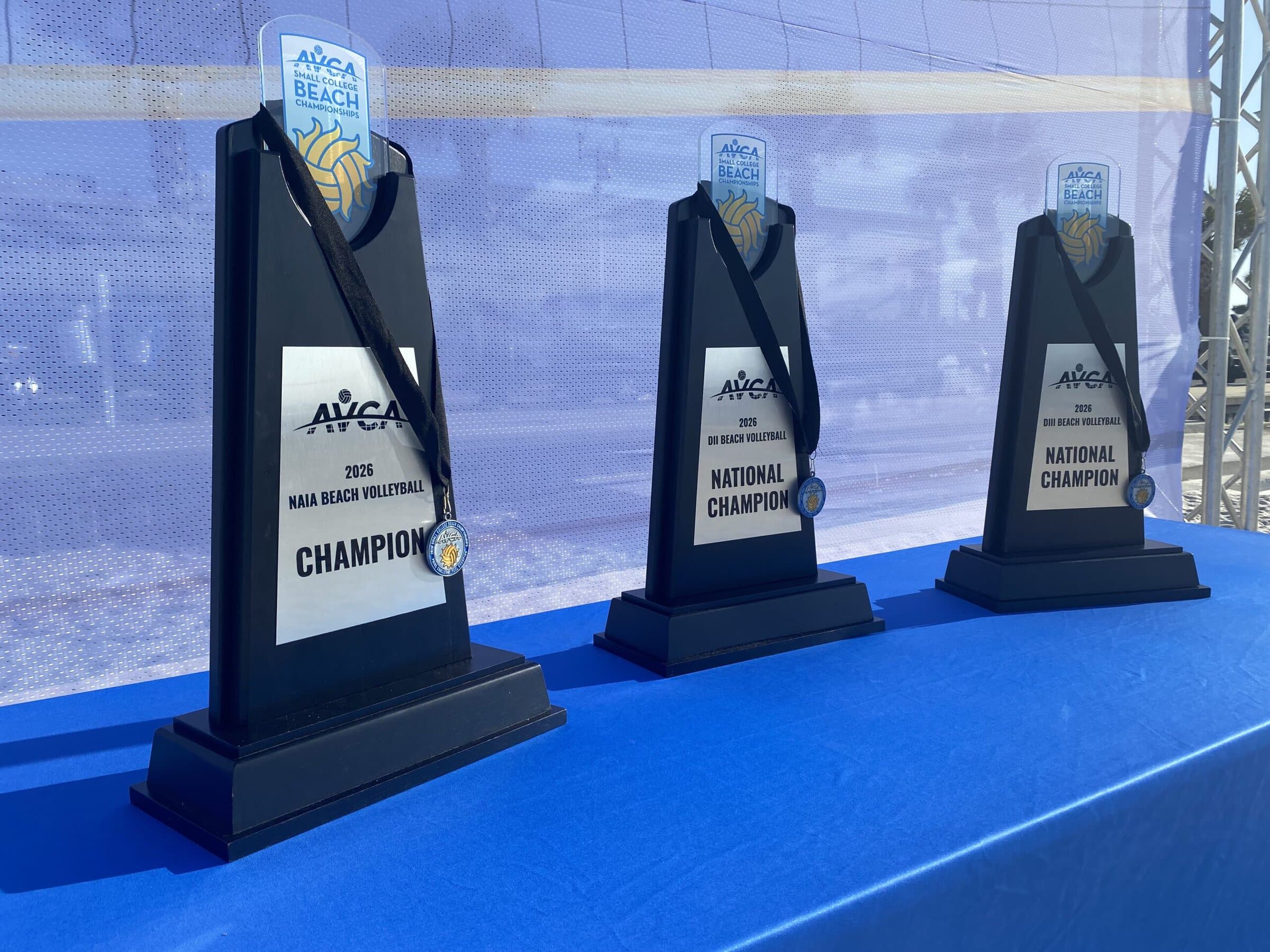 Trophies at the 2026 AVCA Small College Beach Championships.