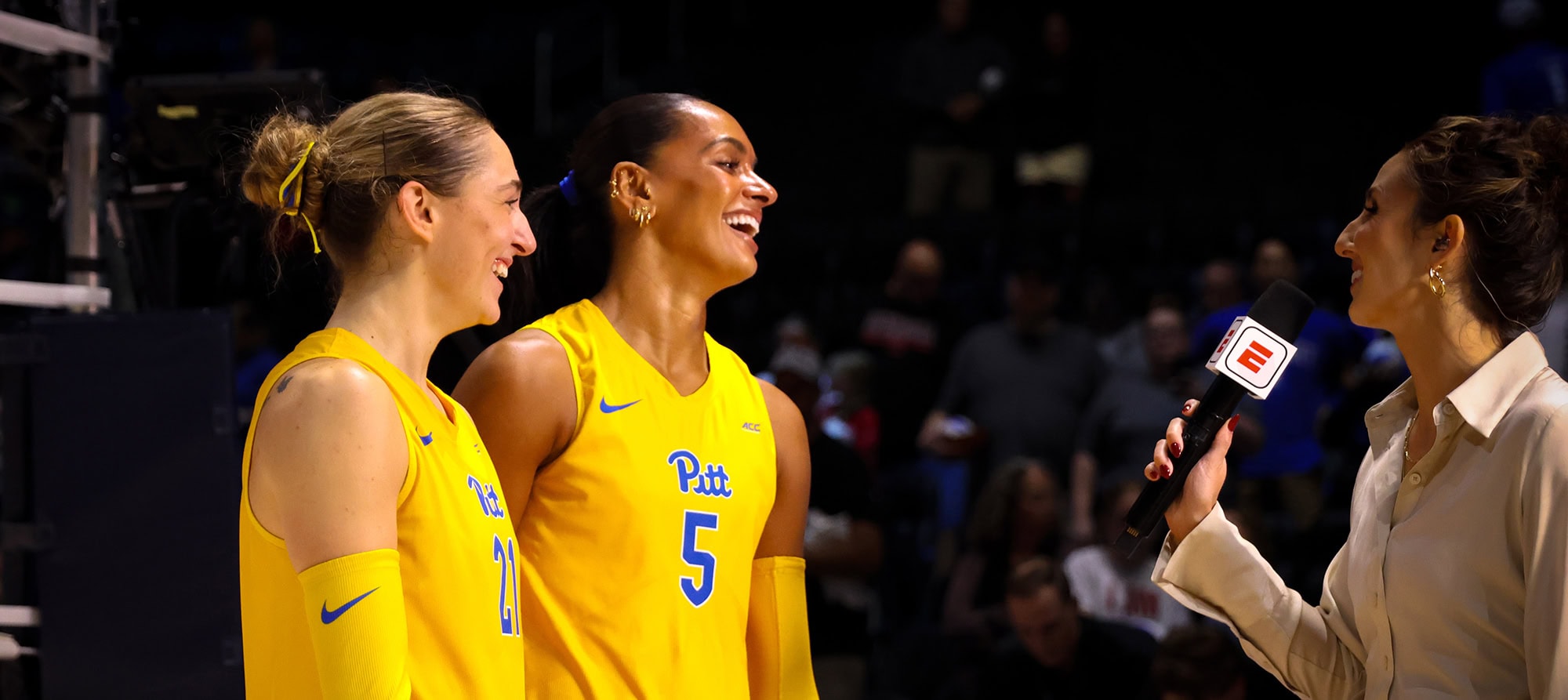 Izzy Starck and Olivia Babcock of Pittsburgh doing interview with ESPN's Madison Fitzpatrick.