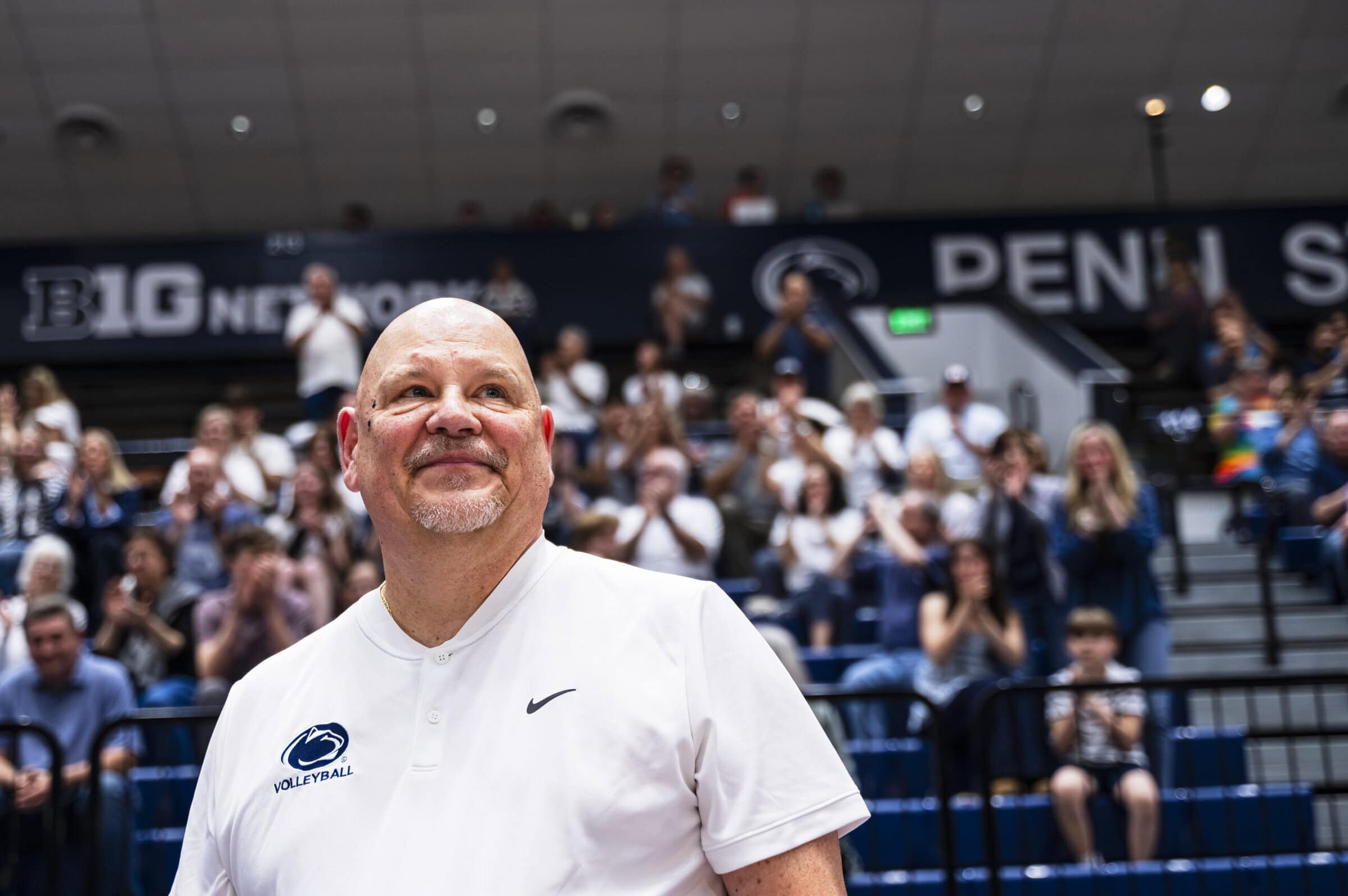 Penn State's Mike "Pav" Pavlik during their 3-2 win against George Mason at Rec Hall on April 17, 2026 to win the EIVA regular season championship. Coach Pavlik was celebrated for his last season as head coach. Photo by Ben Burrell