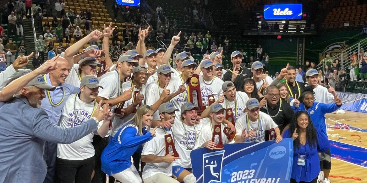 The UCLA Bruins celebrating after winning the 2023 NCAA Men's National Collegiate Volleyball Championship.