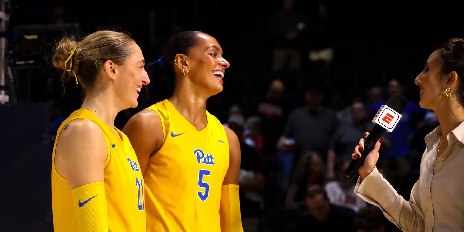 Izzy Starck and Olivia Babcock of Pittsburgh doing interview with ESPN's Madison Fitzpatrick.