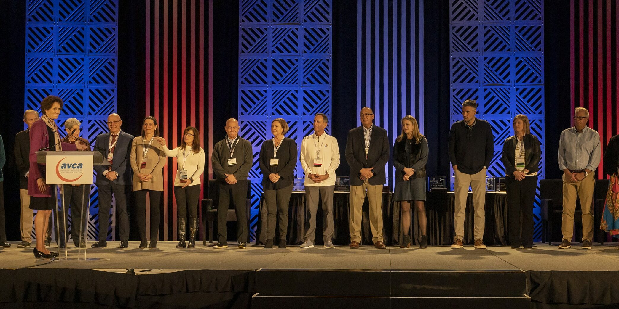 Past AVCA leaders on stage at the association's 40th anniversary celebration during the 2021 AVCA Convention.