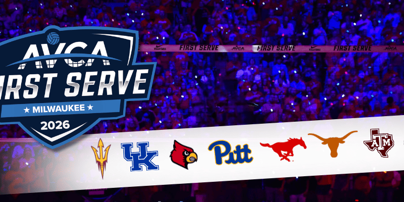 2026 AVCA First Serve website graphic with team logos