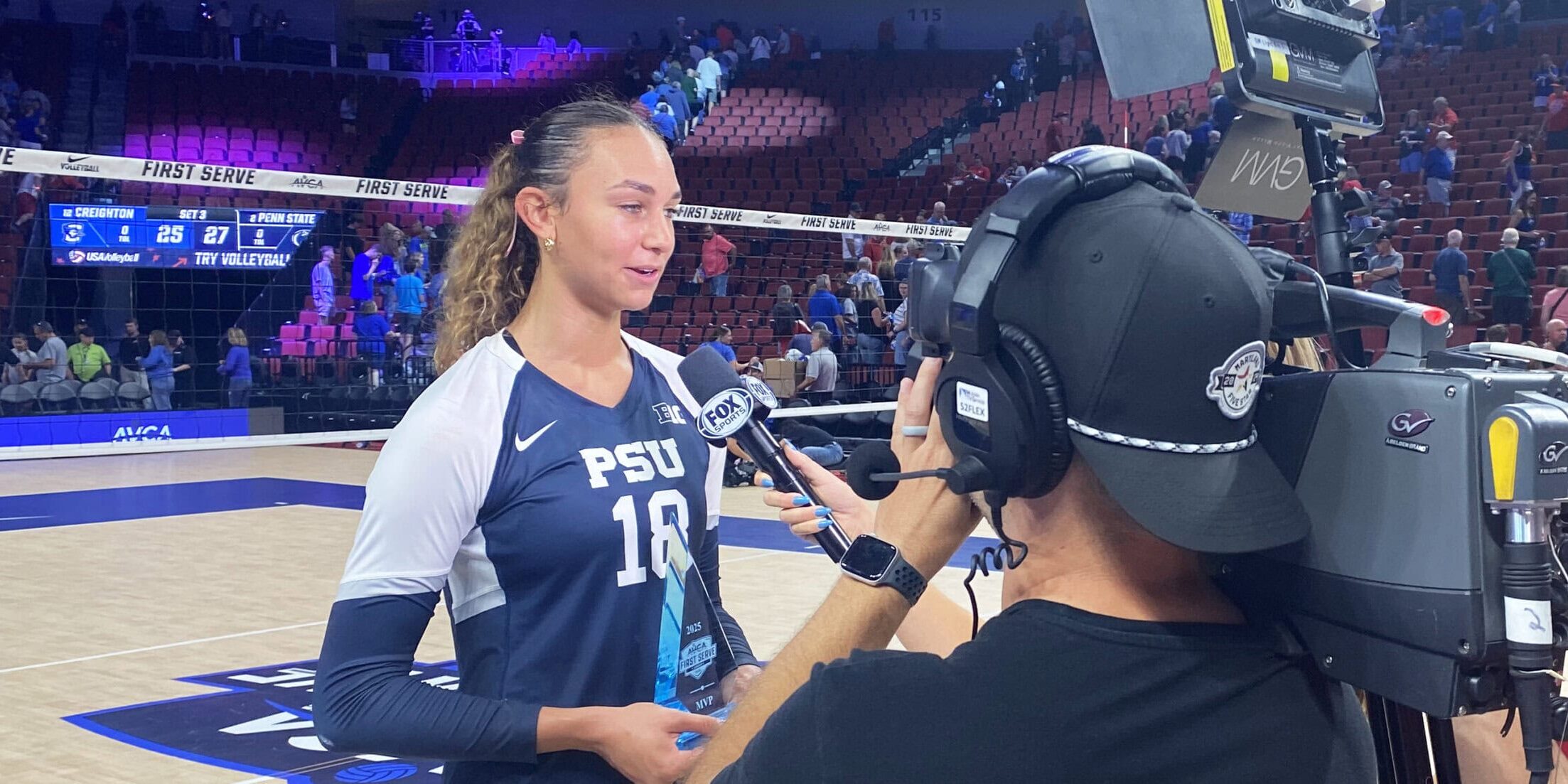 Penn State's Kennedy Martin being interviewed at 2025 AVCA First Serve in Pinnacle Bank Arena.