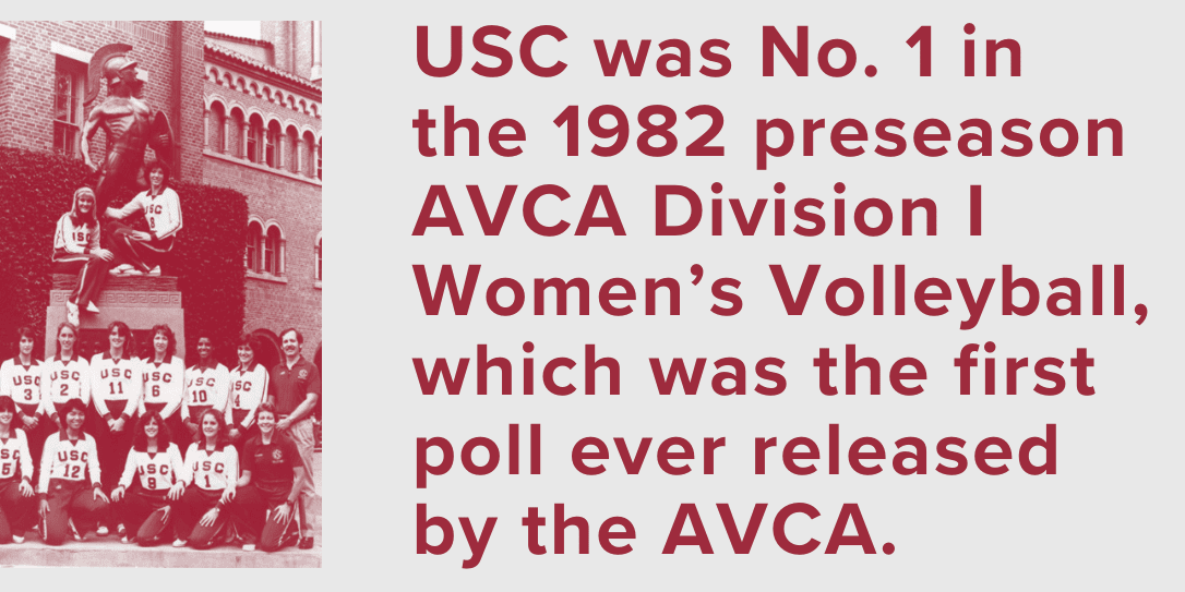 USC was ranked No. 1 in the 1982 preseason AVCA Division I Women’s Volleyball, which was the first poll ever released by the AVCA.